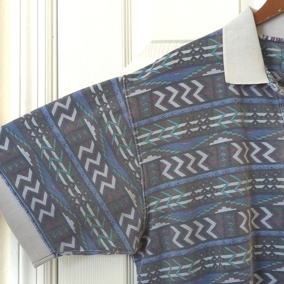 Woolrich 80's Vintage Funky Aztec Printed Short Sleeve Henley Polo Shirt Blue L - Picture 3 of 9